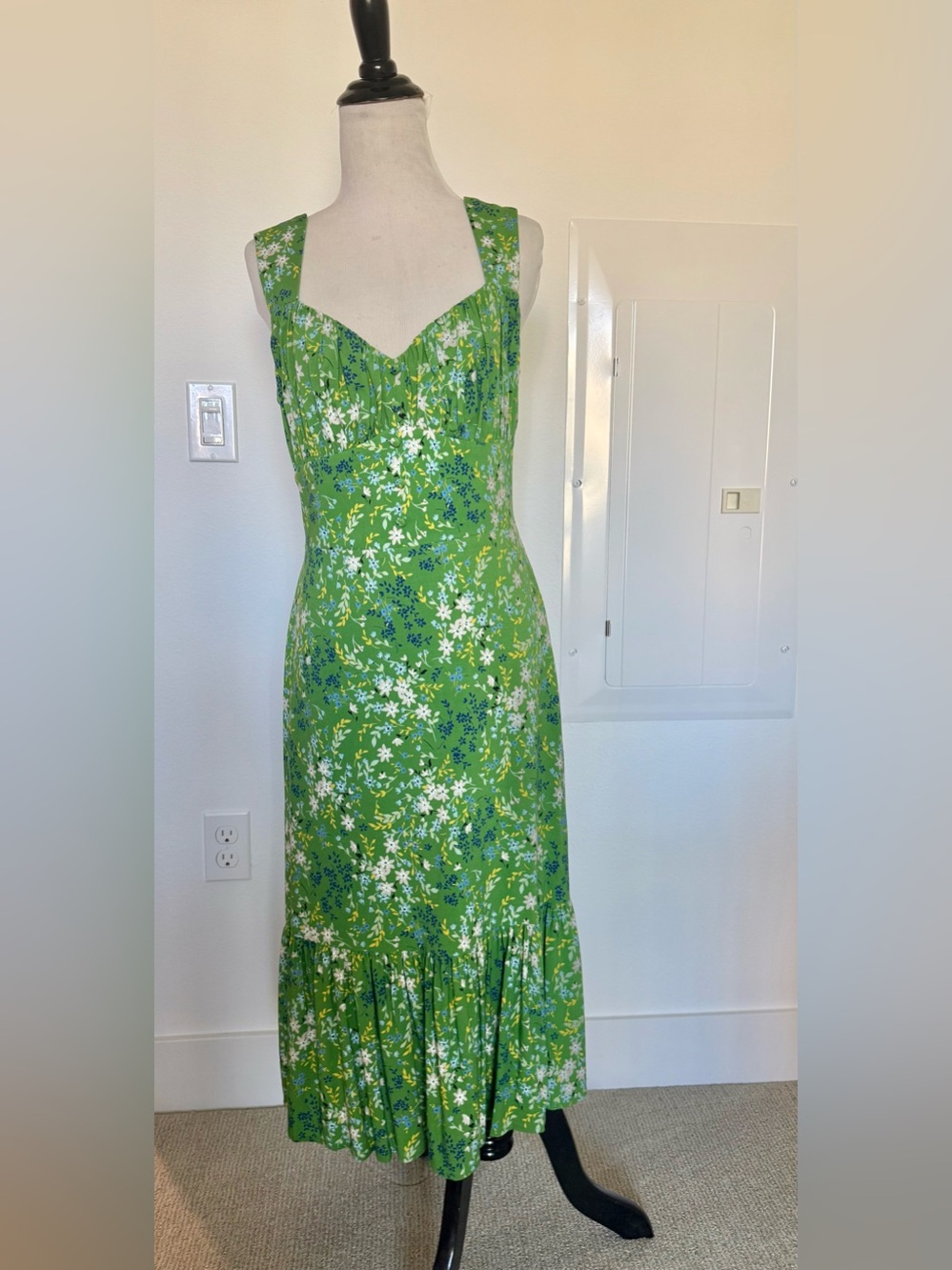Kensie Green Floral Midi Dress with Ruffle Hem
